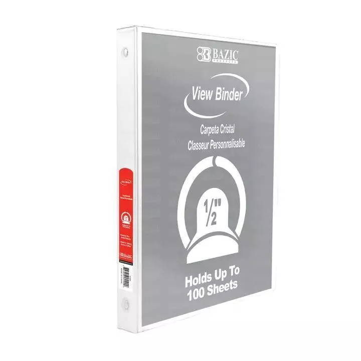 1/2″ White 3-Ring View Binder, Round Ring, 2 Pockets