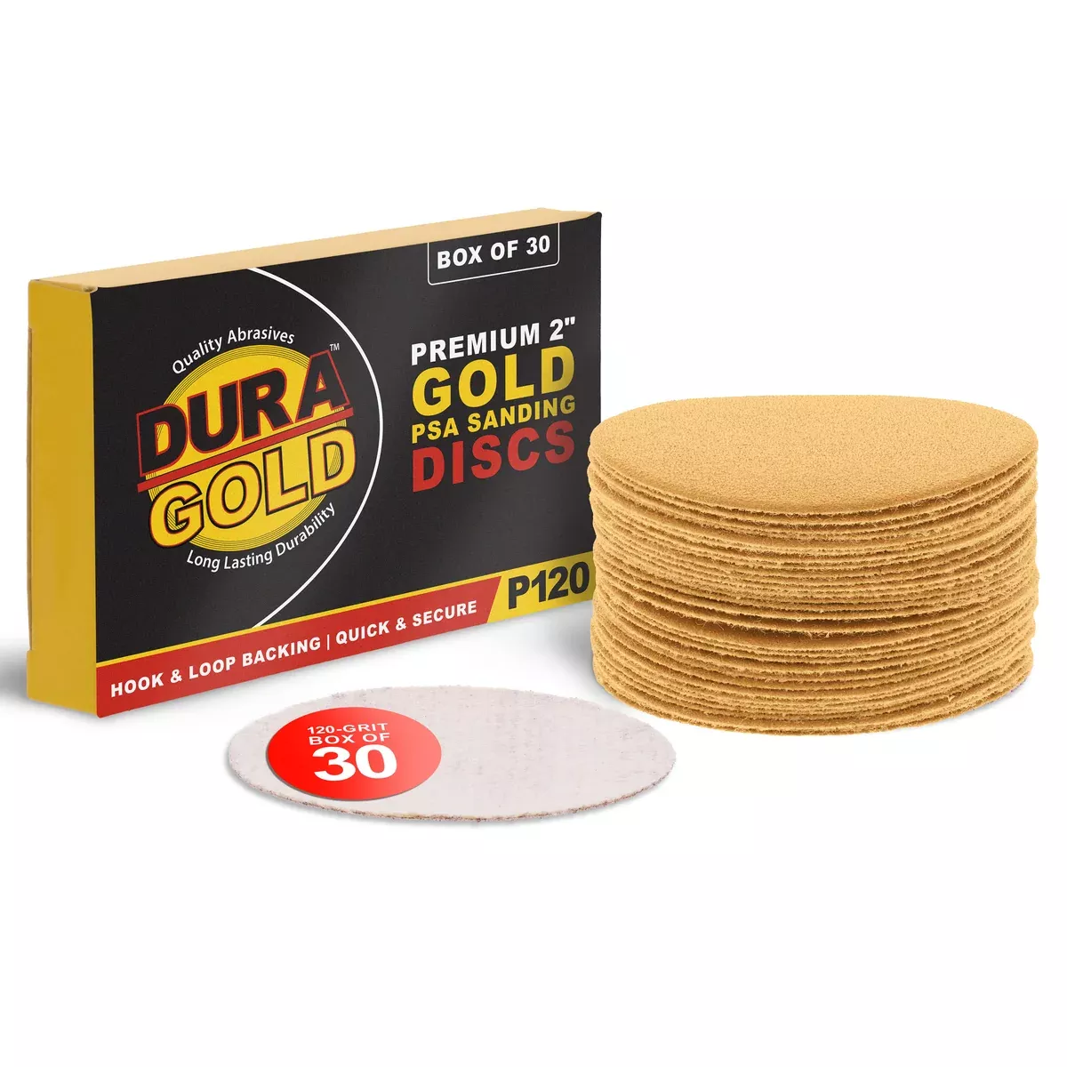 120 Grit - 2" Gold Hook & Loop Sanding Discs for DA Sanders - Box of 30