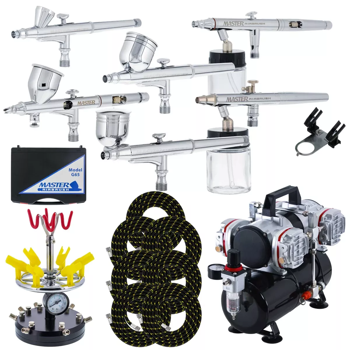 6 Master Model G22, G34 & G44 Gravity Feed, S62 & S68 Siphon Feed, S68 Side Feed Airbrushes with Twin Piston Air Compressor with Storage Tank