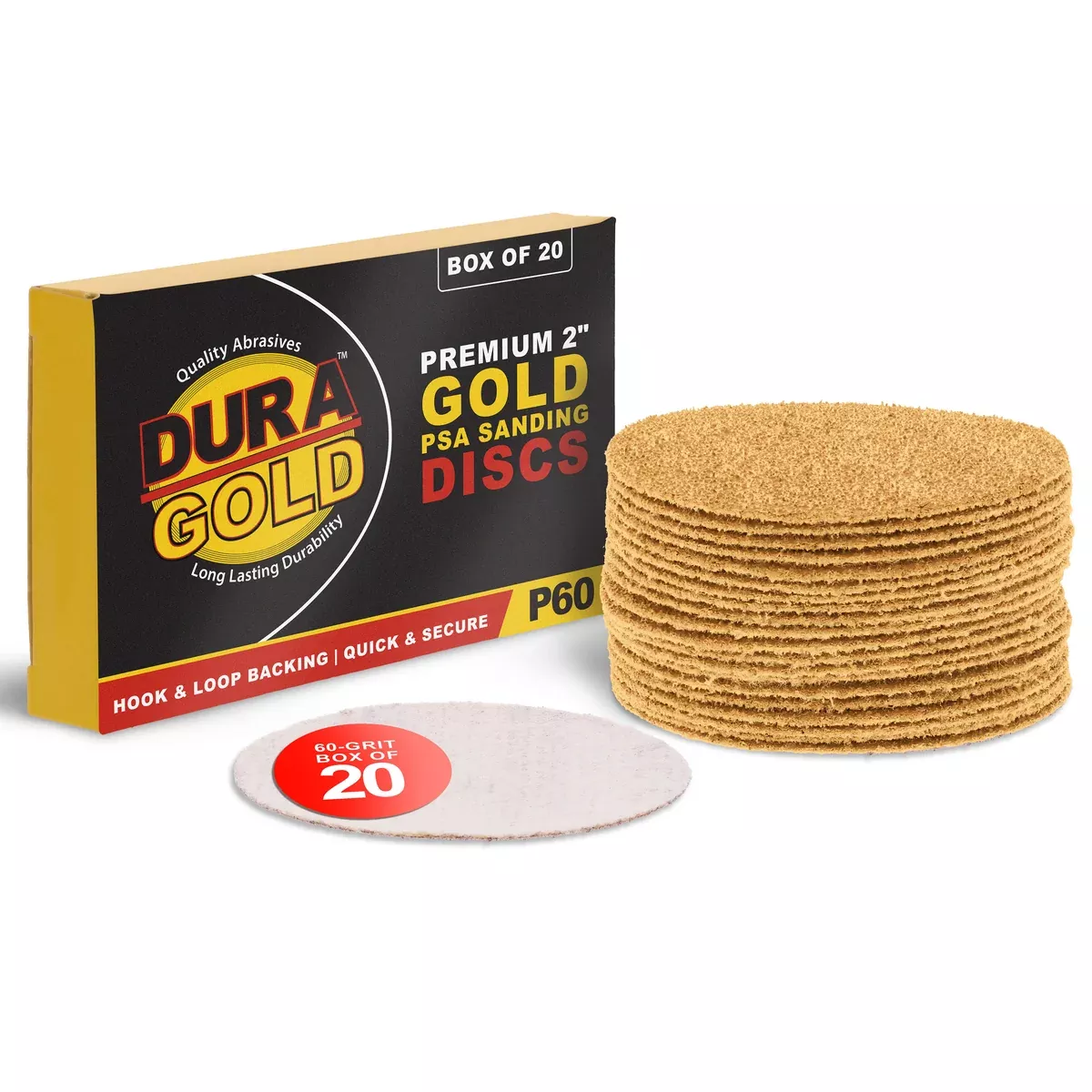 60 Grit - 2" Gold Hook & Loop Sanding Discs for DA Sanders - Box of 20
