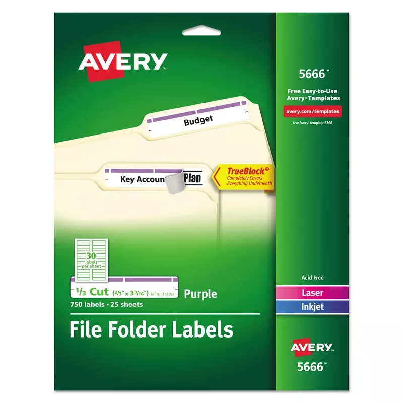 Avery 05666 Permanent TrueBlock File Folder Labels with Sure Feed Technology, 0.66 x 3.44, White, 30/Sheet, 25 Sheets/Pack (AVE5666)