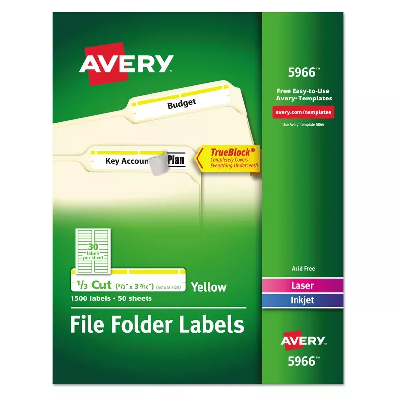Avery 05966 Permanent TrueBlock File Folder Labels with Sure Feed Technology, 0.66 x 3.44, White, 30/Sheet, 50 Sheets/Box (AVE5966)