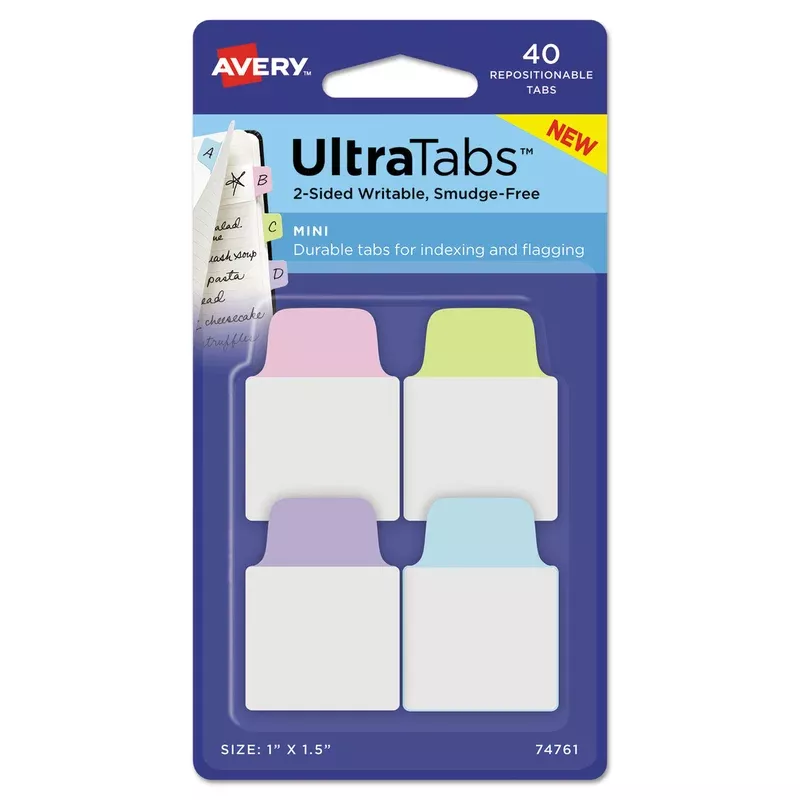 Avery 74761 Ultra Tabs Repositionable Mini Tabs, 1/5-Cut Tabs, Assorted Pastels, 1″ Wide, 40/Pack (AVE74761)