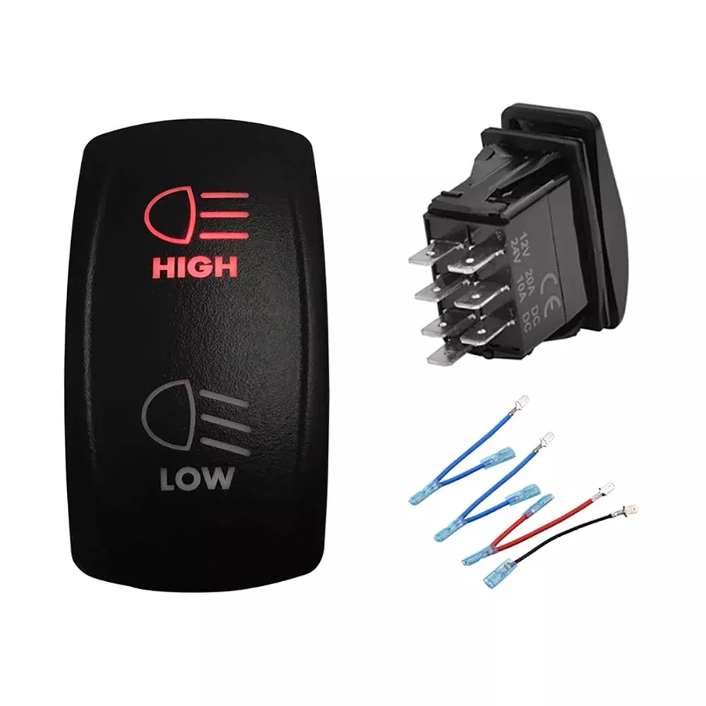 Bacautoparts 12V 24V Red High Low Beam Headlight Rocker Switch With Wires 7Pin On-Off-On Dpdt 3 Way Toggle Switch For Car Truck Can Am Commander Suv Off Road Vehicle Rzr Dash Replacement Switch