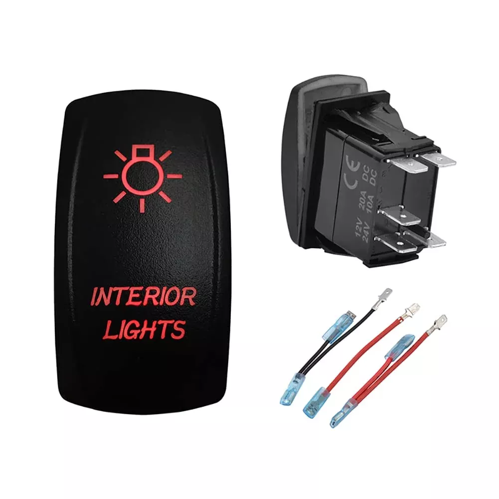 Bacautoparts 12V 24V Red Interior Lights Rocker Switch With Jumper Wires 5 Pin On-Off Light Switch For Car Boat Truck Jeep Can Am Commander Atv Utv Dash Replacement Switch