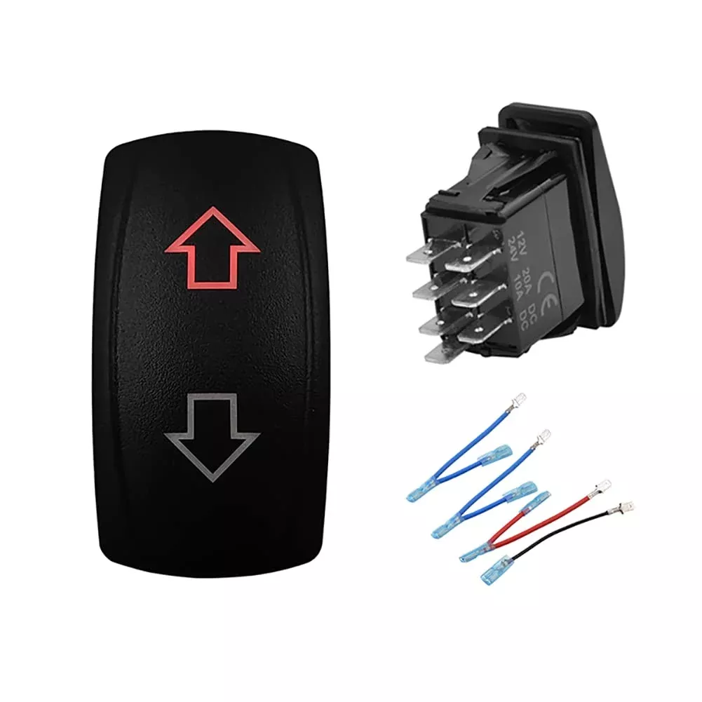 Bacautoparts 12V 24V Red Led Up Down Momentary Rocker Switch With Wires 7P (On)-Off-(On) Arrows Mom Switches For Car Boat Dump Trailer Camper Polaris Ranger Rzr Utv Atv Sxs
