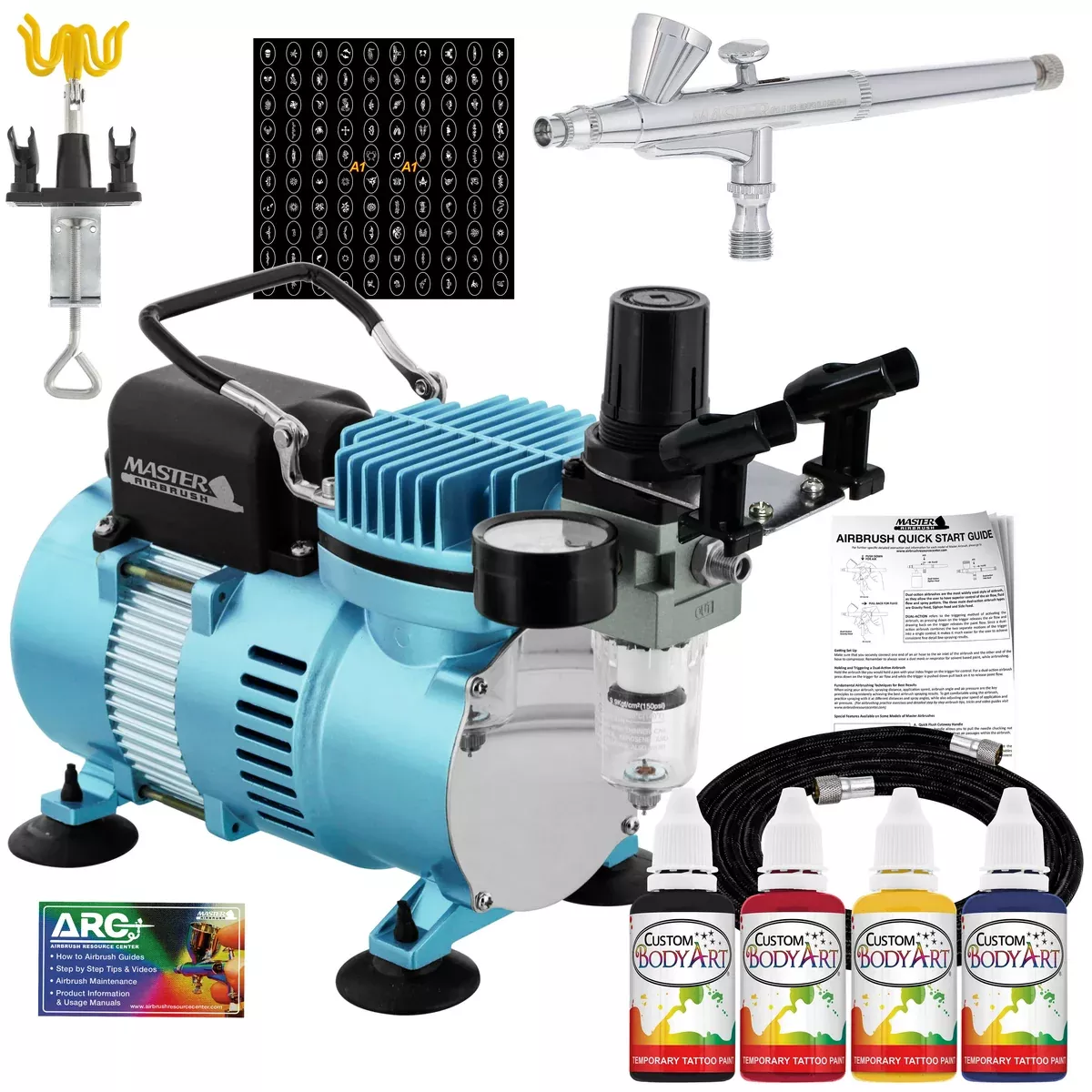 Cool Runner II Dual Fan Air Compressor Custom Body Art System with Gravity Feed Airbrush, 4 Color Temp Tattoo Paint Set, 100 Stencils, Self-Adhesive
