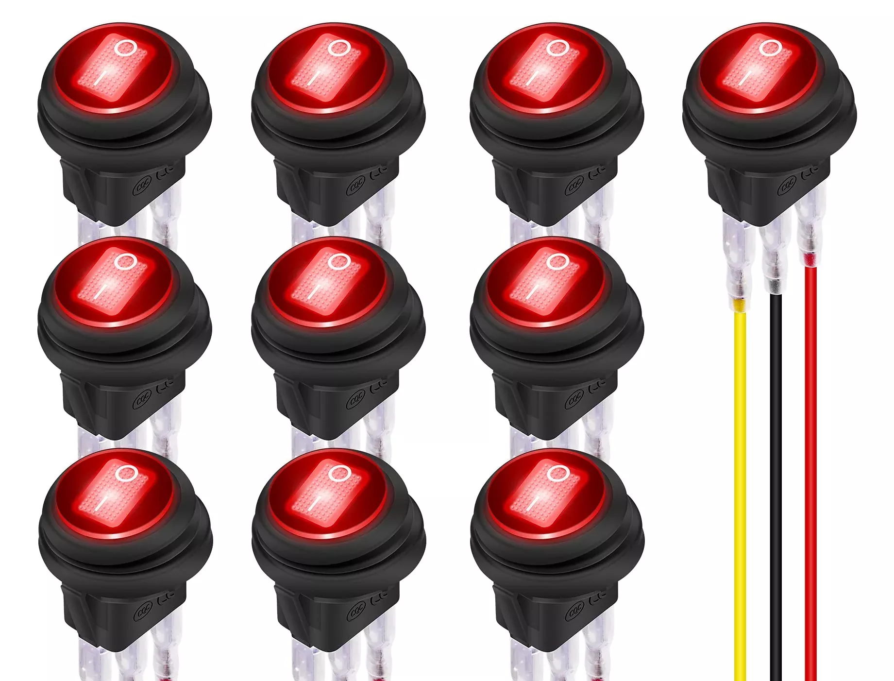 DAIERTEK 12V Round Rocker Switch with Red LED - Waterproof Toggle Switch, 20A, 3 Pin SPST for Marine, Boat, Automotive - 10 Pack
