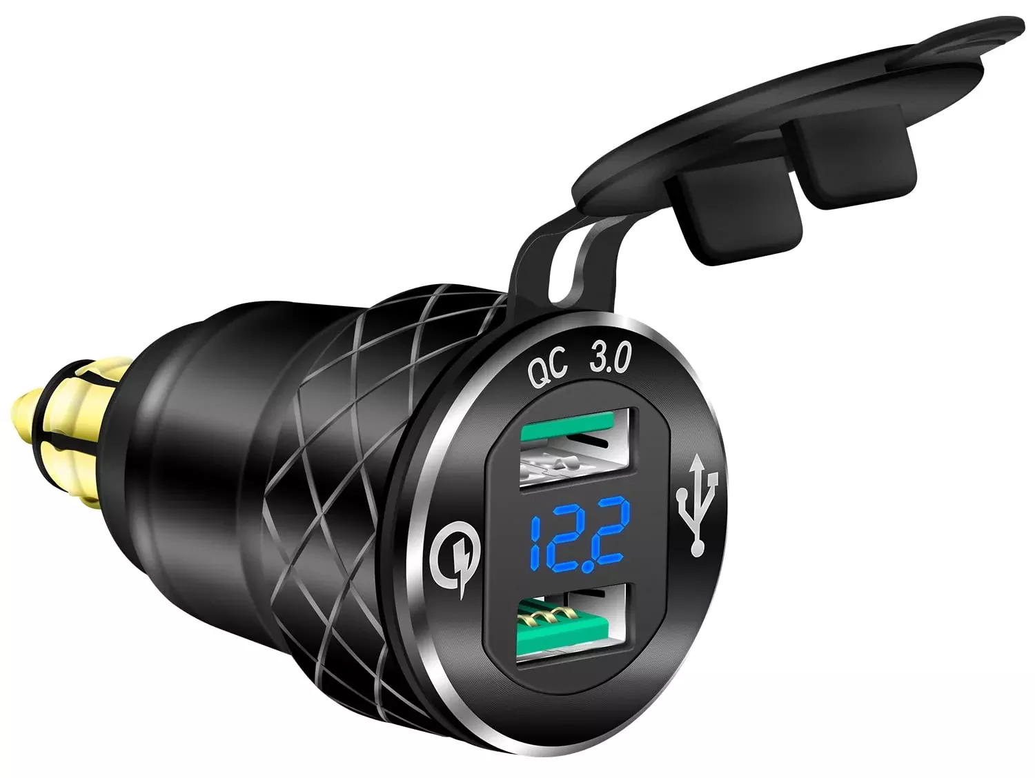 DAIERTEK USB-B5 DIN Hella Plug Dual USB Charger Adapter for BMW Triumph Ducati, Quick Charge QC 3.0, Black, Waterproof with Blue LED Voltmeter
