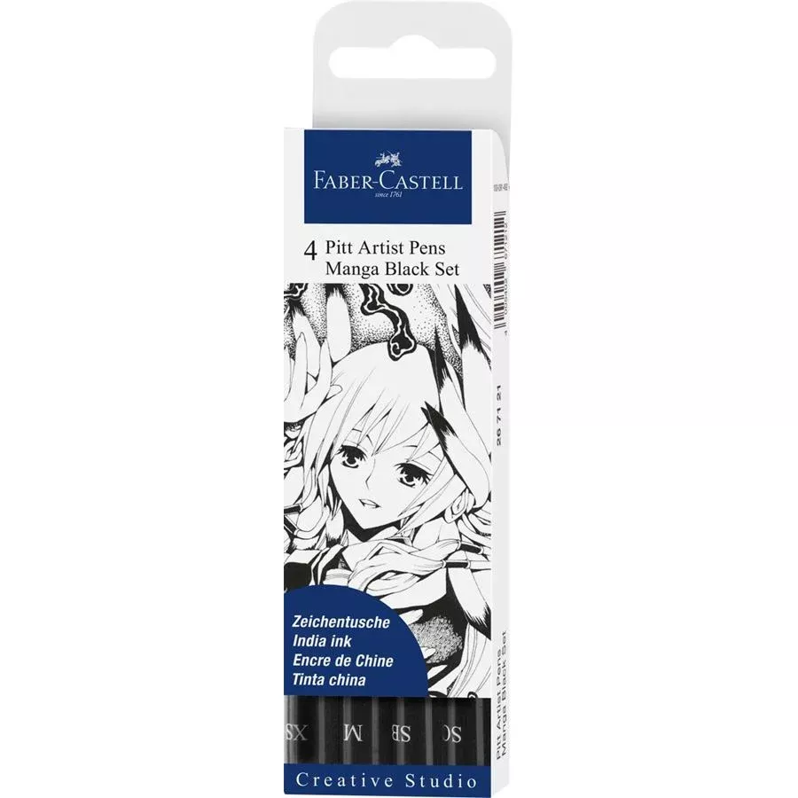 Faber-Castell Pitt Artist Pen Manga Black Set of 4 (With Soft Brush & Calligraphy Tip)