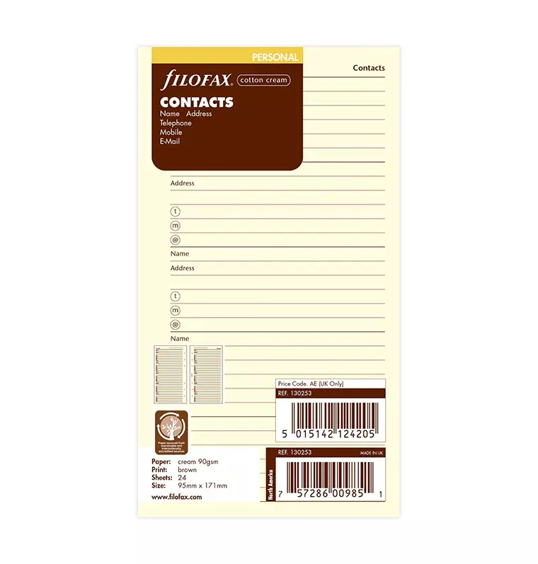 Filofax Personal Cotton Cream Contacts Refill