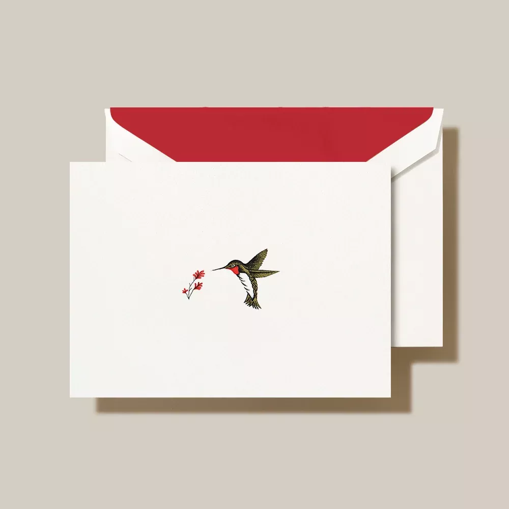 Hand Engraved Humming Bird Notes on Pearl White Kid Finish Stationery Set