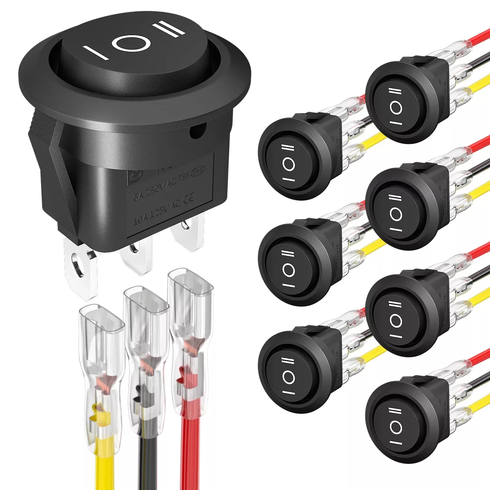 Joinfworld 3 Way Round Rocker Switch 12V, Waterproof 3 Pin 3 Position On/Off/On 6A/250V Ac 10A/125V Dc Spdt Circle Toggle Switch With Wires For Auto Car Marine Boat - 8Pack