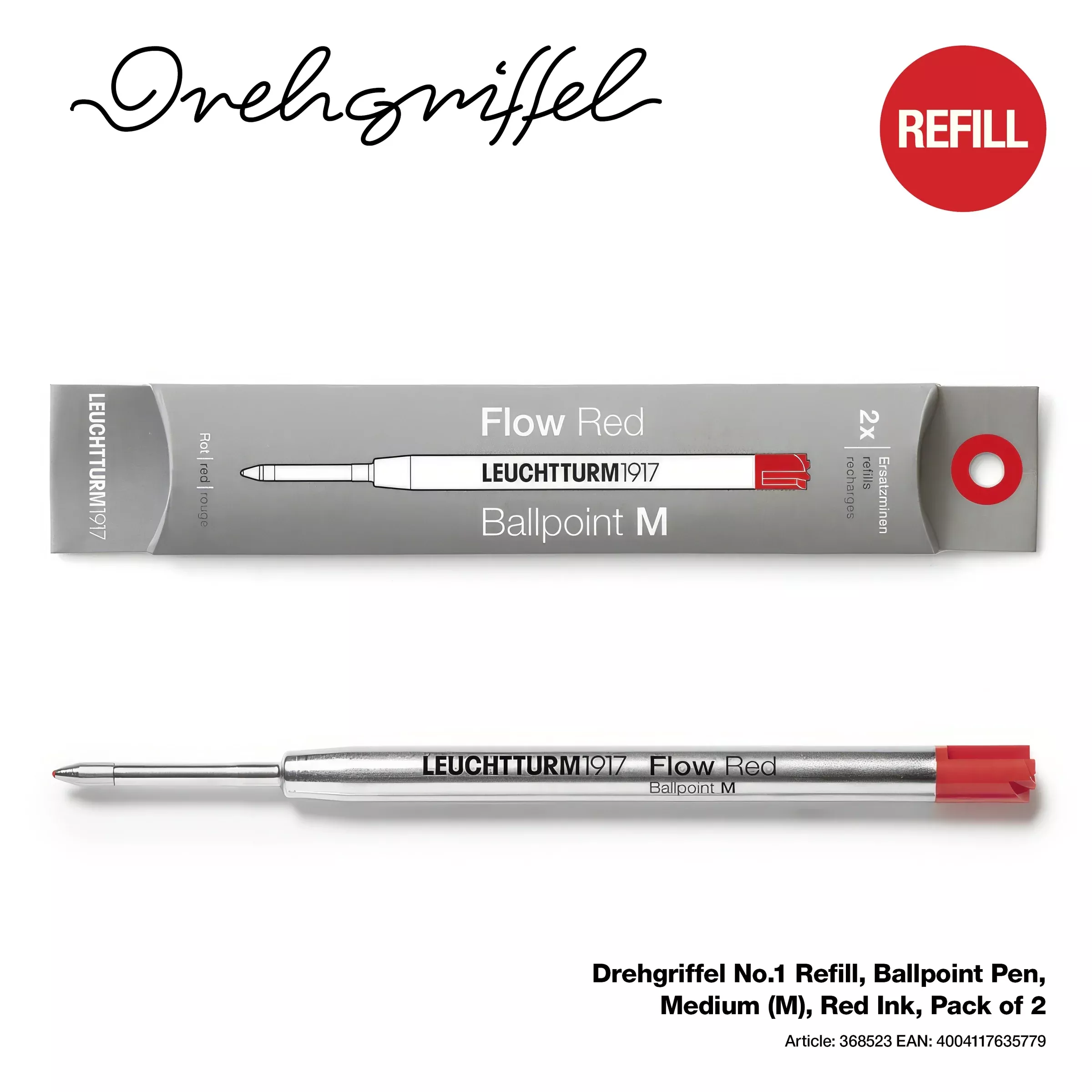 LEUCHTTURM1917 Drehgriffel No.1 Refill, Ballpoint Pen, Medium (M), Red Ink, Pack of 2