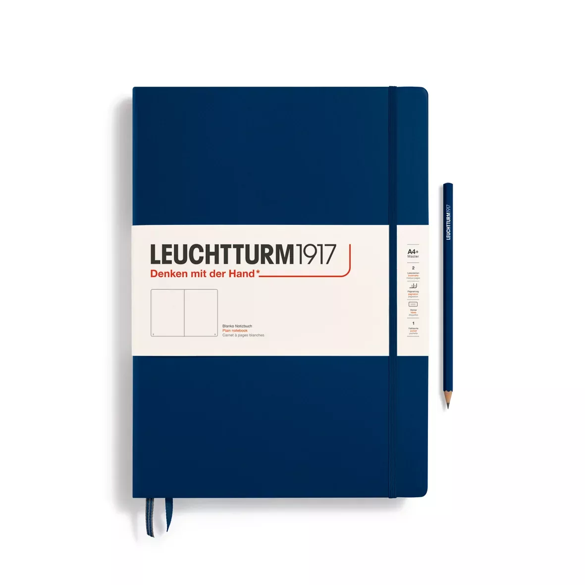 LEUCHTTURM1917 Notebook Master (A4+) Hardcover, 235 Numbered Pages, Plain, Navy