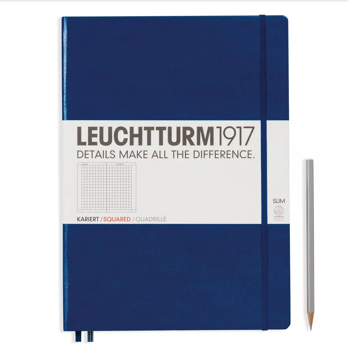LEUCHTTURM1917 Notebook Master Slim (A4+) Hardcover, 121 Numbered Pages, Squared, Navy