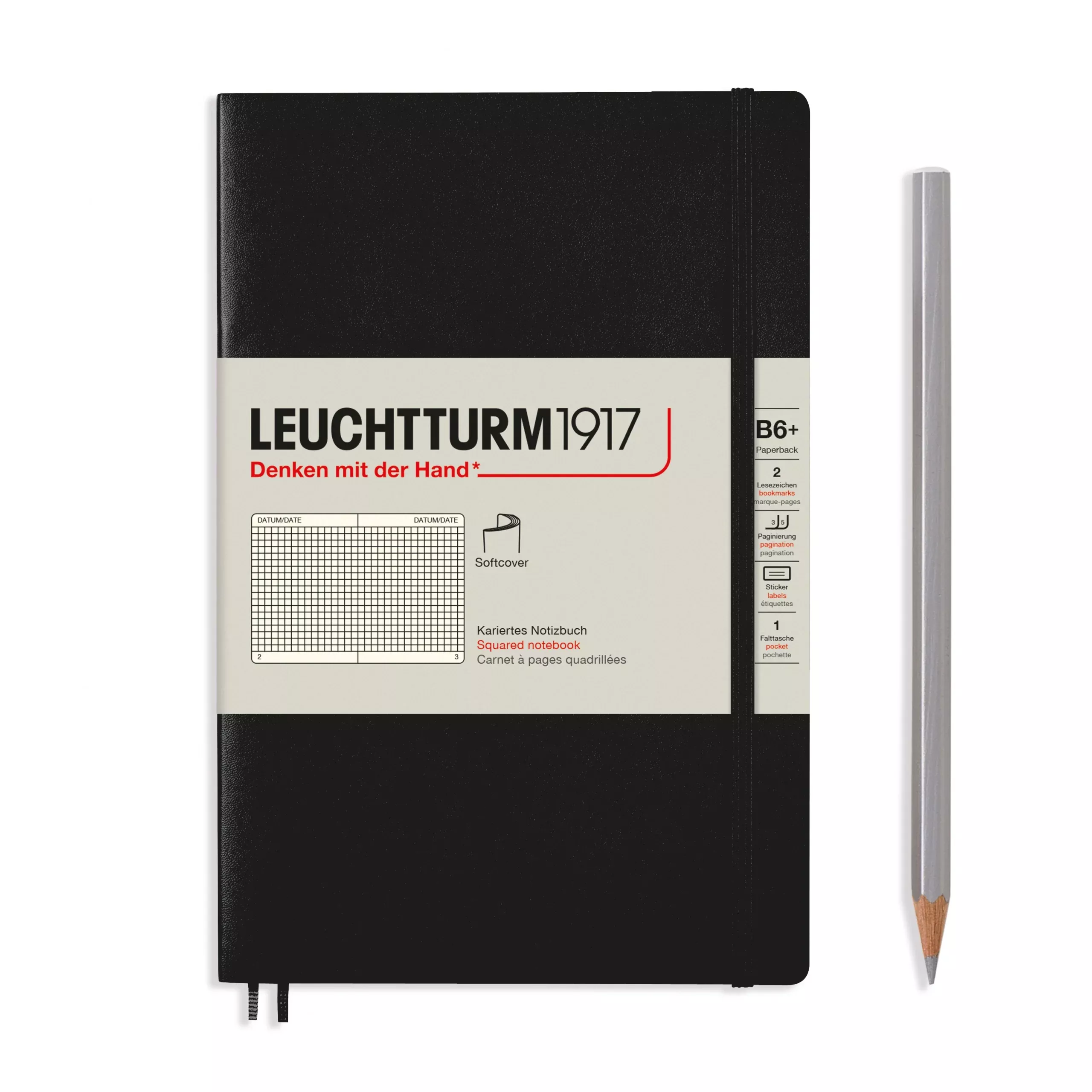 LEUCHTTURM1917 Notebook Softcover Paperback (B6+), 123 pages, Squared - Black