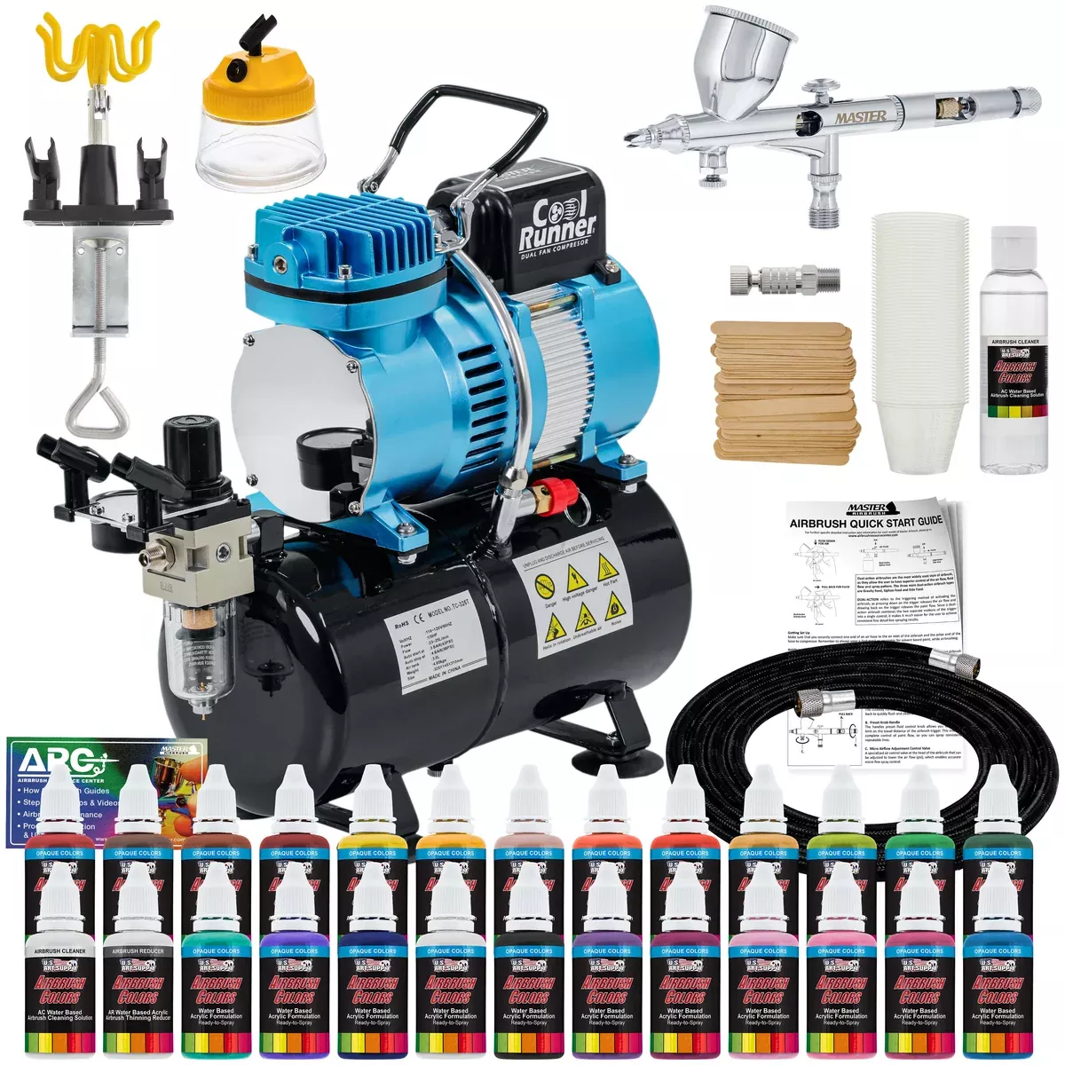 Master Airbrush Cool Runner II Dual Fan Air Storage Tank Compressor System Kit with a G44 Fine Detail Control 0.2mm Tip Airbrush, 24 Color Acrylic
