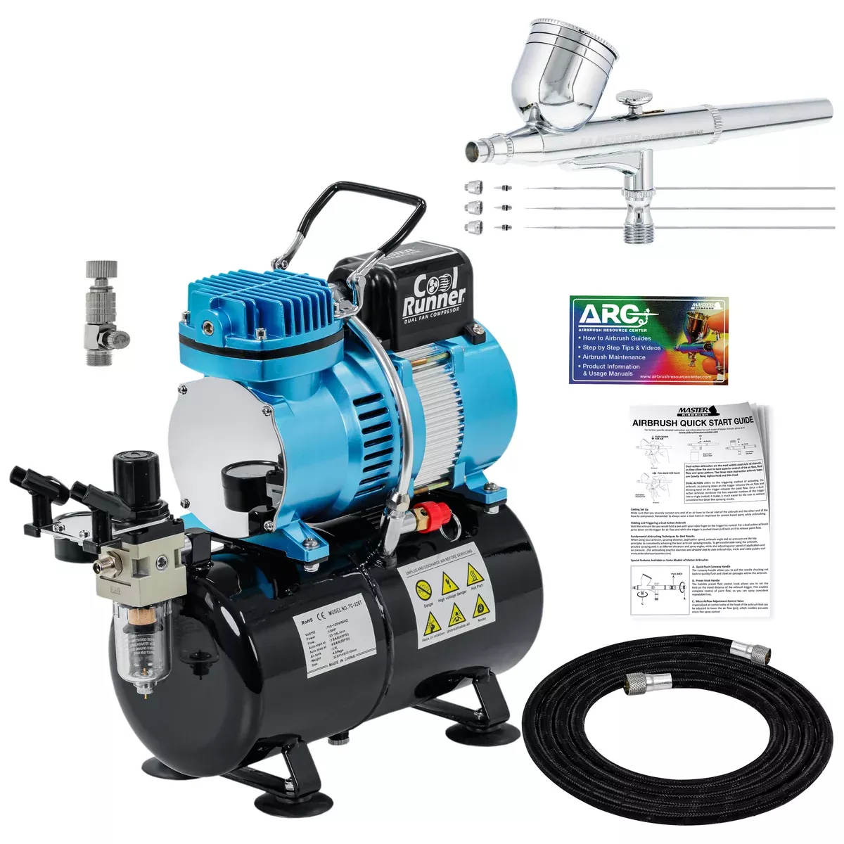 Master Airbrush Cool Runner II Dual Fan Airbrush and Compressor Kit with Gravity Air Brush (0.3mm Nozzle Tip), Tank Compressor, with 3 Liter Tank