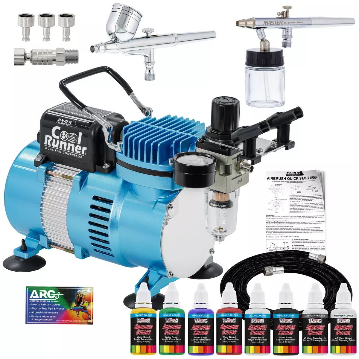 Master Airbrush Cool Runner II with Air Compressor Dual Fan, Gravity & Siphon Feed Airbrush Set, 6 Color Acrylic Paints Primary Opaque Colors Manual