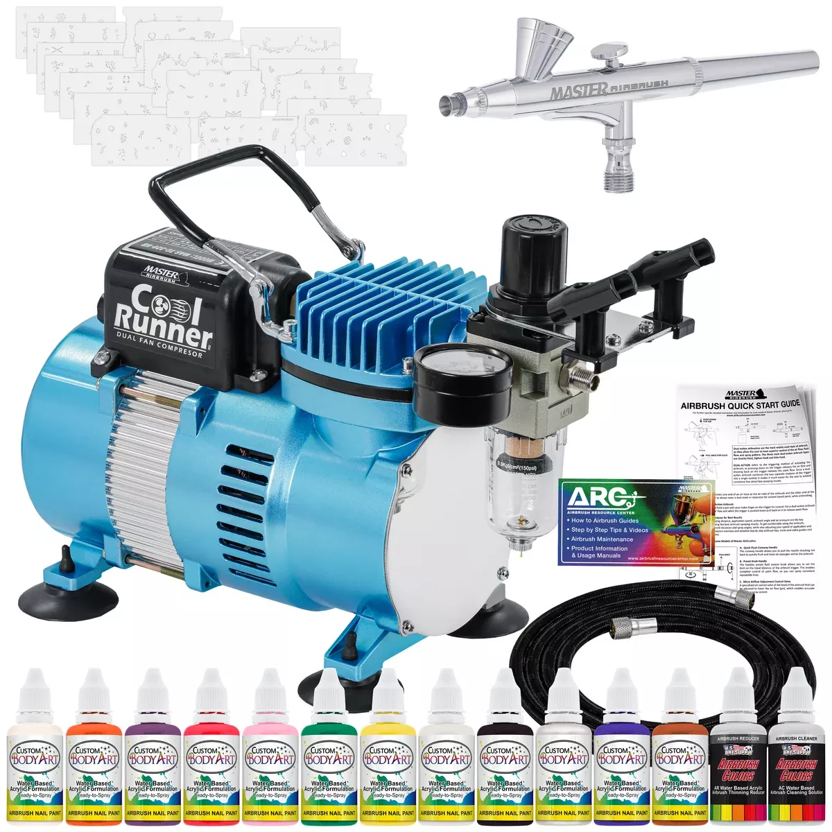 Master Airbrush Nail Decorating System - 12 Color Nail Paint Kit with Compressor, Airbrush, 100 Plus Stencil Designs and How to Airbrush Training Book