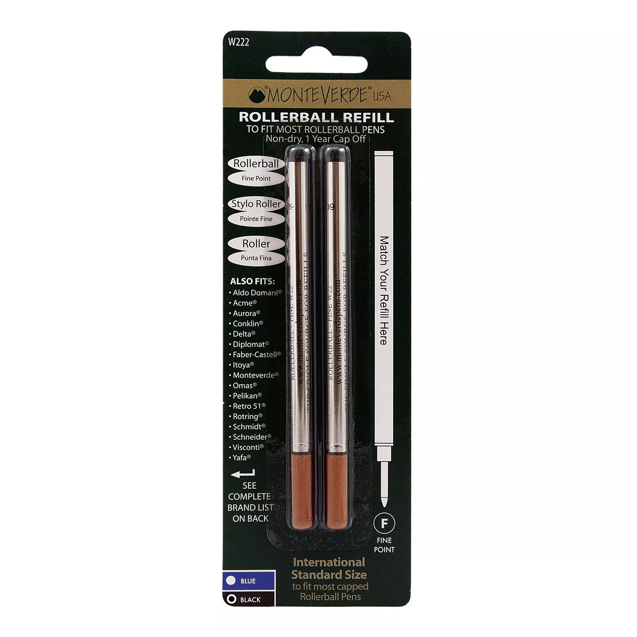 Monteverde Rollerball Refill to Fit Waterman Rollerball Pen, Pack of 2