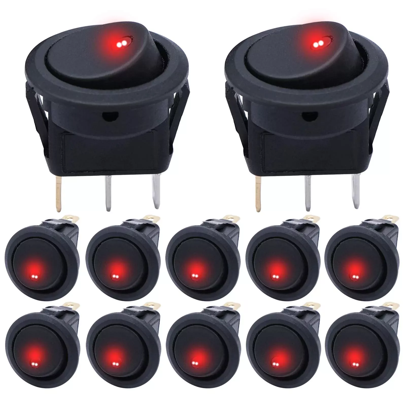 Mxuteuk 12Pcs 12V Lighted Round Rocker Switch Toggle Switch Red Led Spst On-Off Switch 20A For Car Truck Control Kcd2-102N-R