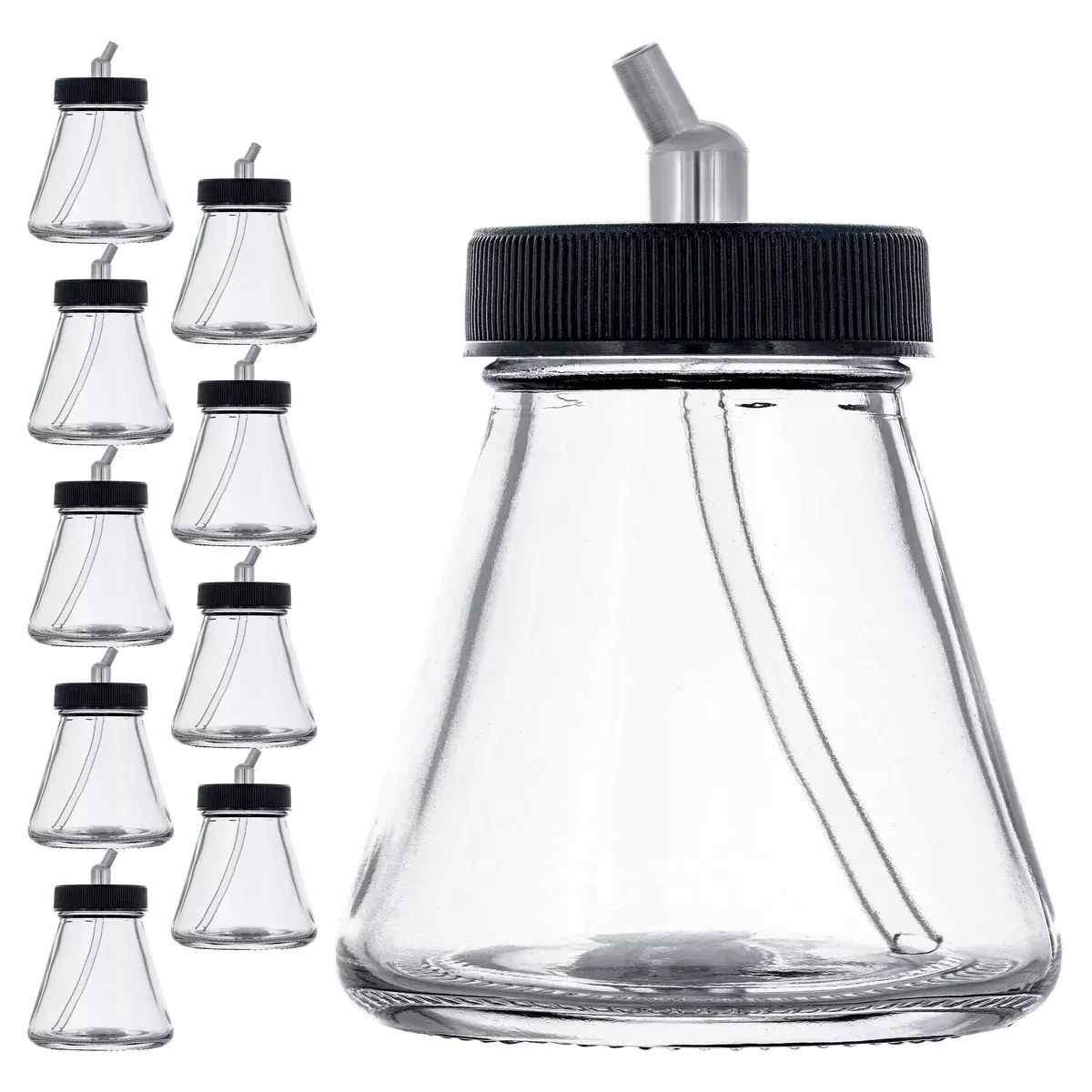 (Pack of 10) TB-010 Empty 2.7-Ounce (80cc) Glass Jar Bottles with 30 Degree­ Down Angle Adaptor Lid Assembly - Fits Dual-Action Siphon Feed Airbrushes