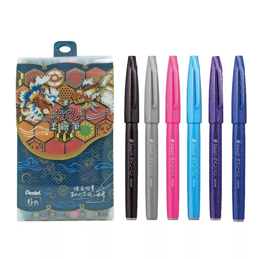 Pentel Touch Brush Sign Pen 6 Pieces Set
