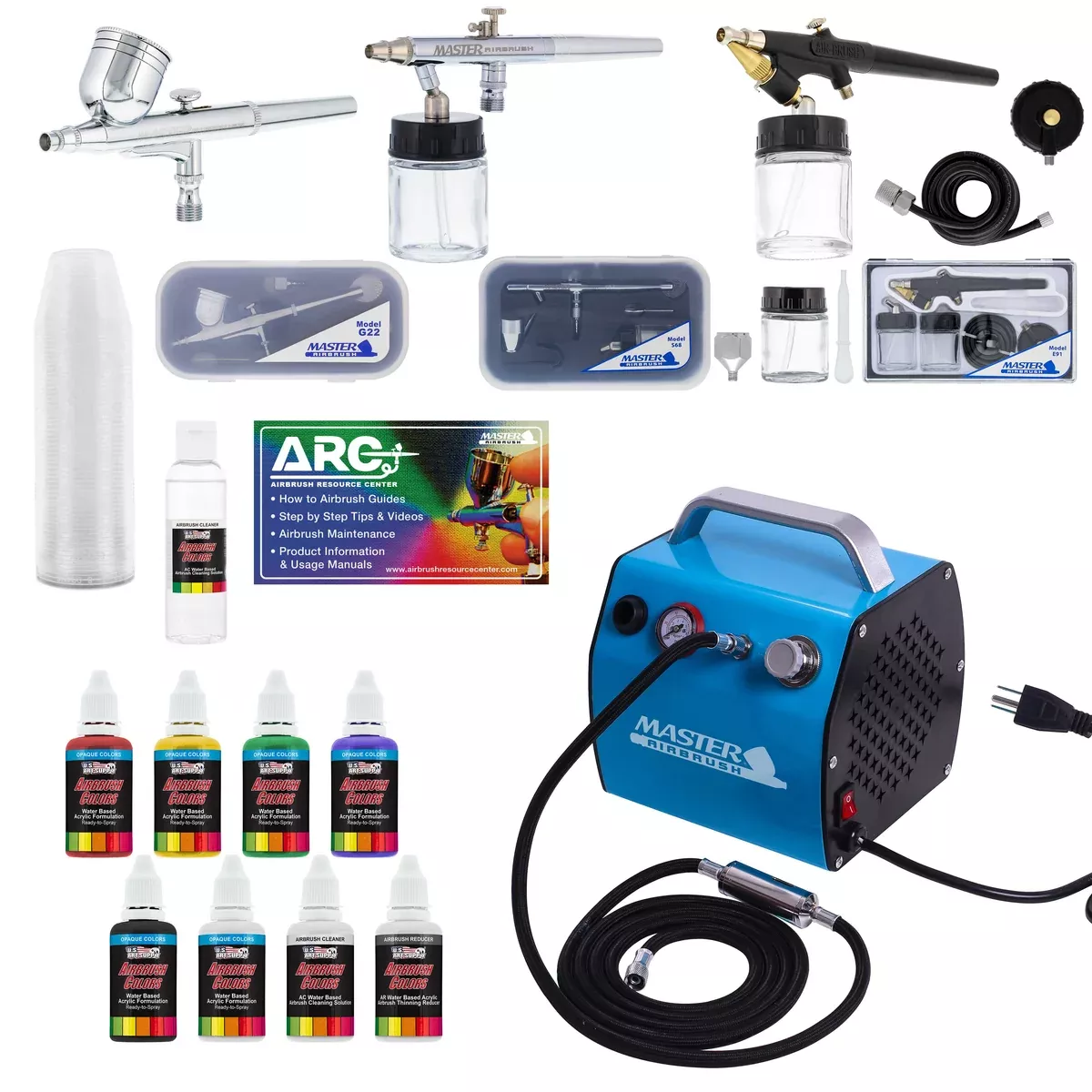 Professional 3 Airbrush Kit with High Performance Compact Airbrush Compressor, Air Hose, 12 Color Airbrush Paint Set with Cleaner & Paint Reducer