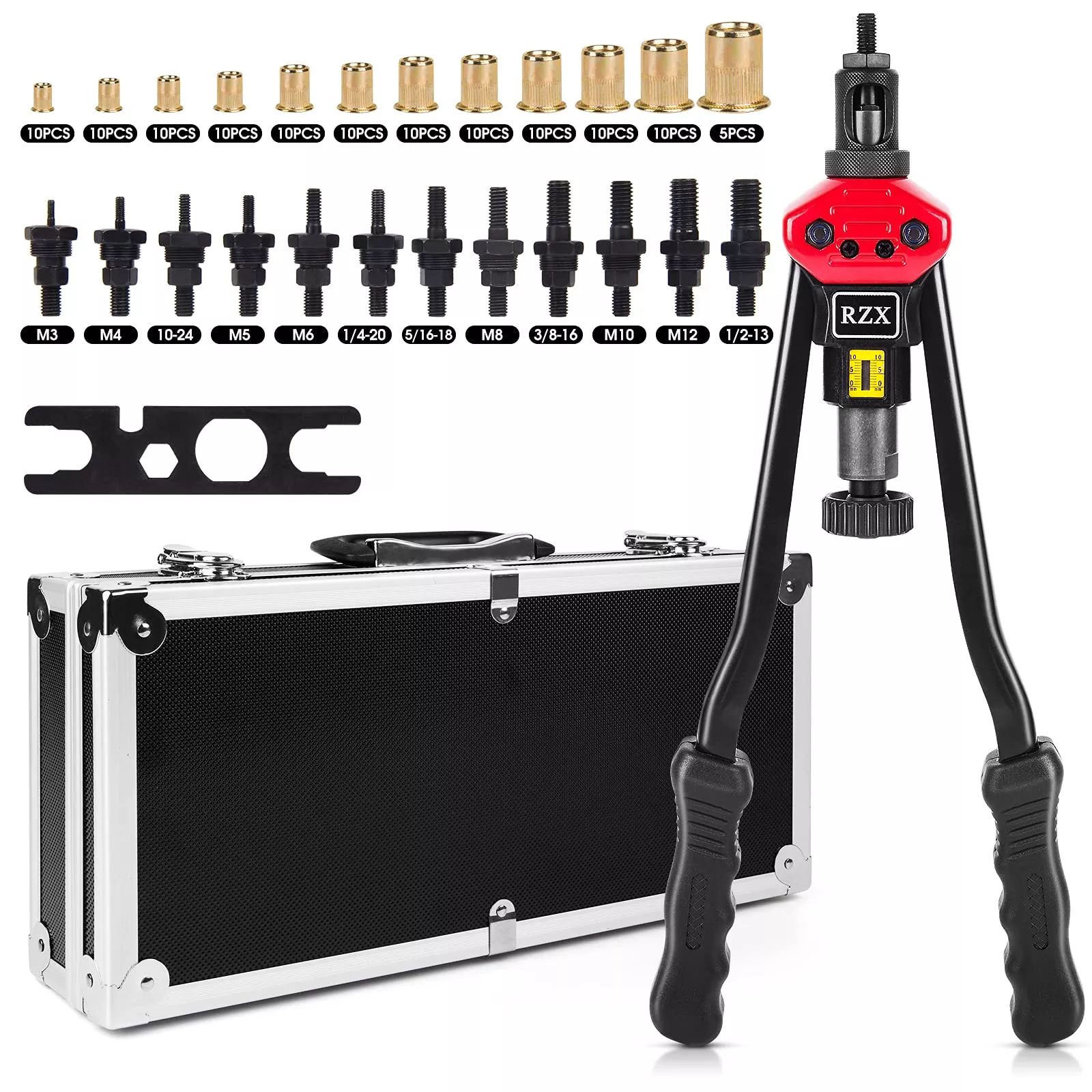 Rzx 16" Rivet Nut Tool Hand Blind Riveter With Nut Setting System Totally 12Mandrels M3 M4 M5,M6,M8,M10 M12, 10-24, 1/4-20, 5/16-18,3/8-16,1/2-13 +115Pcs Rivets Nuts With Aluminum Carrying Case