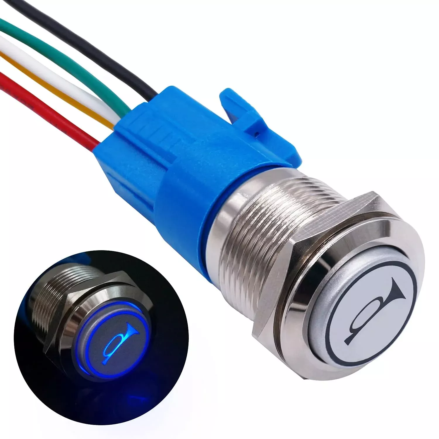 Twtade/16Mm 12V Car Horn Push Button Blue Led Lighted Momentary Metal Speaker Air Horn Toggle Switch With Wires Horng16-Bu