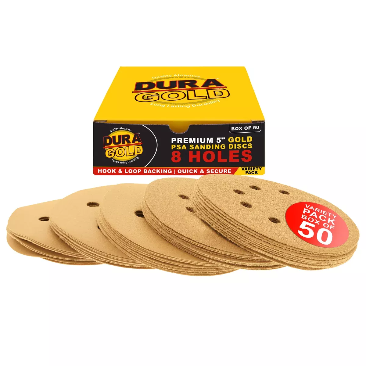 Variety Grit Pack - 5" Gold DA Sanding Discs - 8-Hole Pattern Hook and Loop - 10 each of Grit (60, 80, 120, 220, 320) - Box of 50