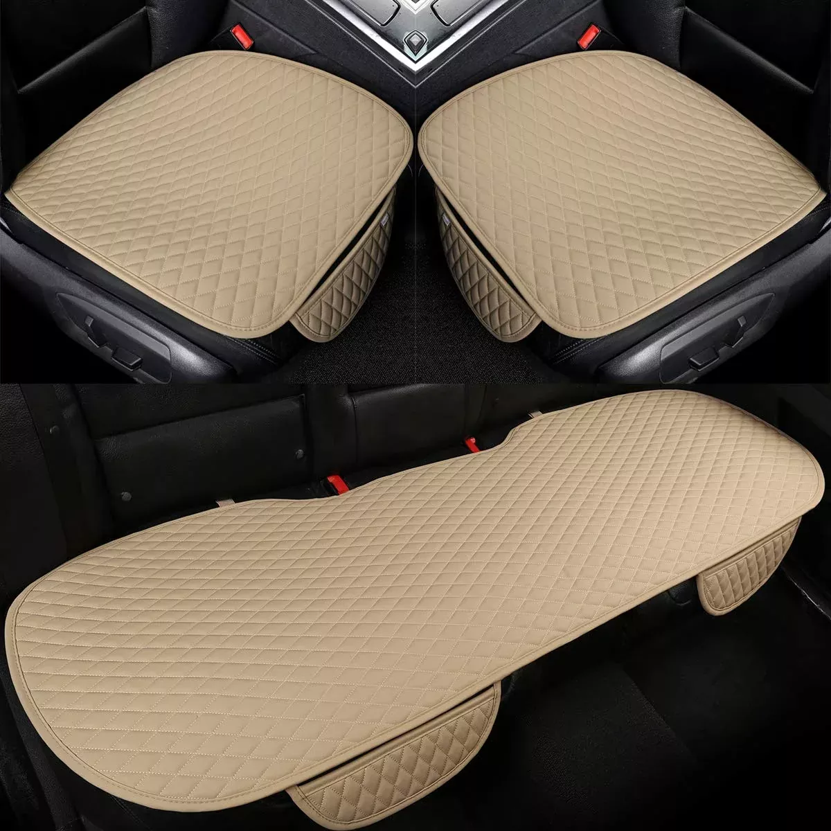 West Llama Pu Leather Car Seat Bottom Covers Protectors Include 1 Pair Front Driver Seat Pad Mat And 1 Rear Bench Cover Universal Fit 90% Vehicles, Black